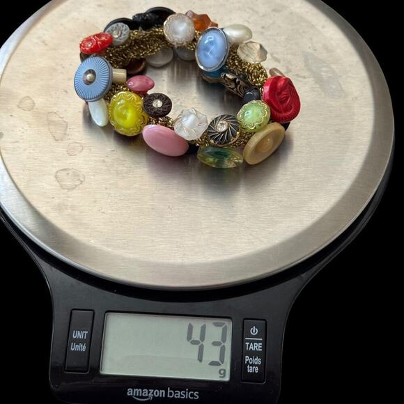 Vintage Button Bracelet Colorful Mixed Buttons & Beads on Gold Crochet Base 43g - Picture 10 of 12